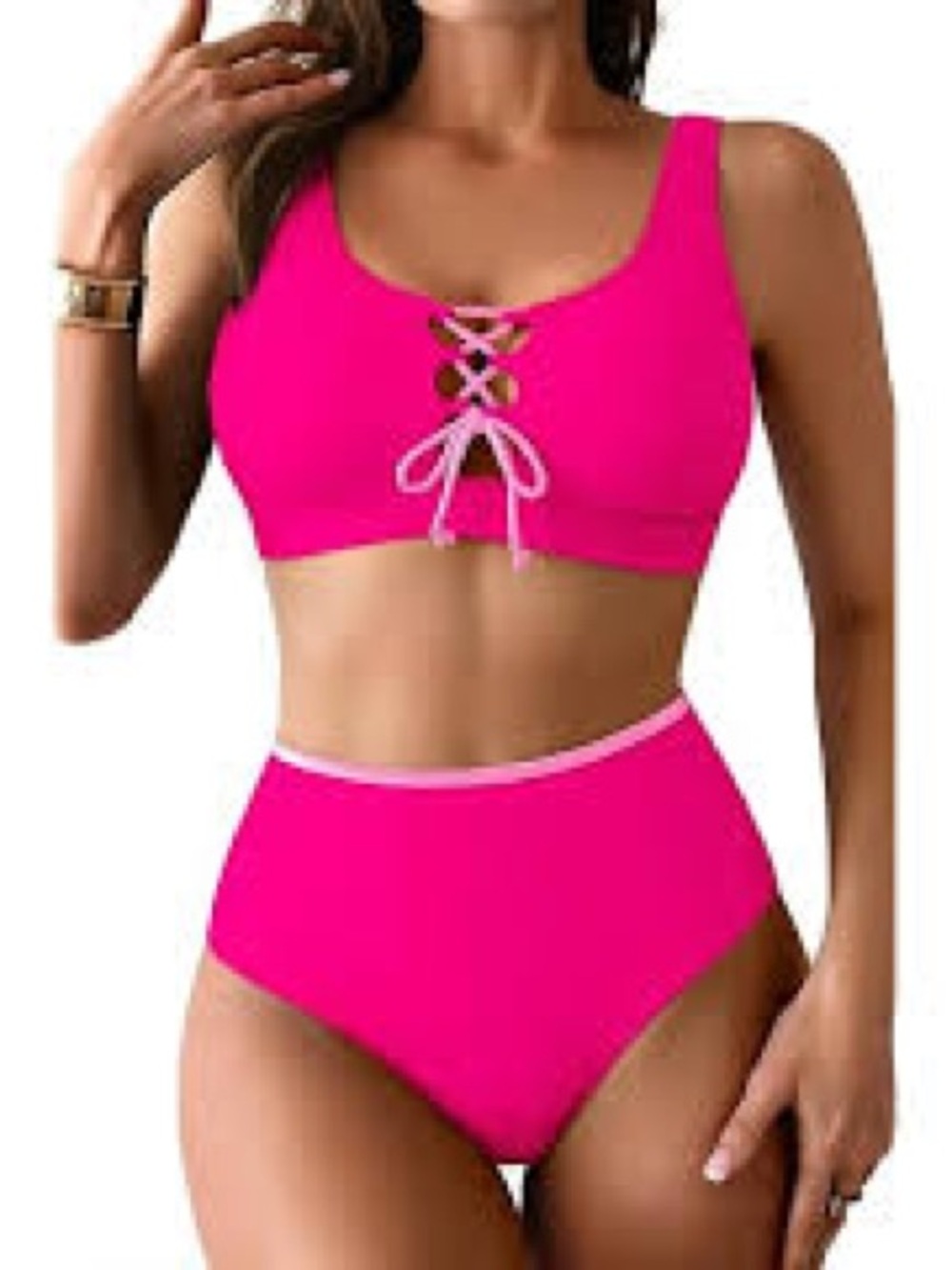 High-Waist Lace-Up Bikini Set in Hot Pink